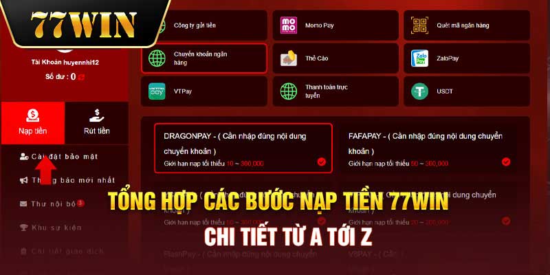 Các bước nạp tiền 77Win chi tiết