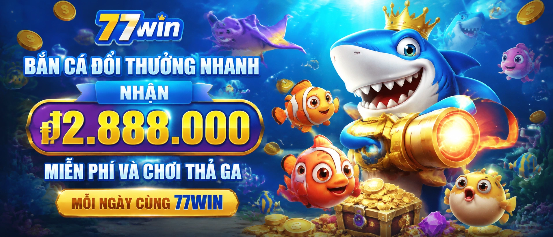 Bắn cá 77WIN giao diện đại dương với phòng chơi VIP