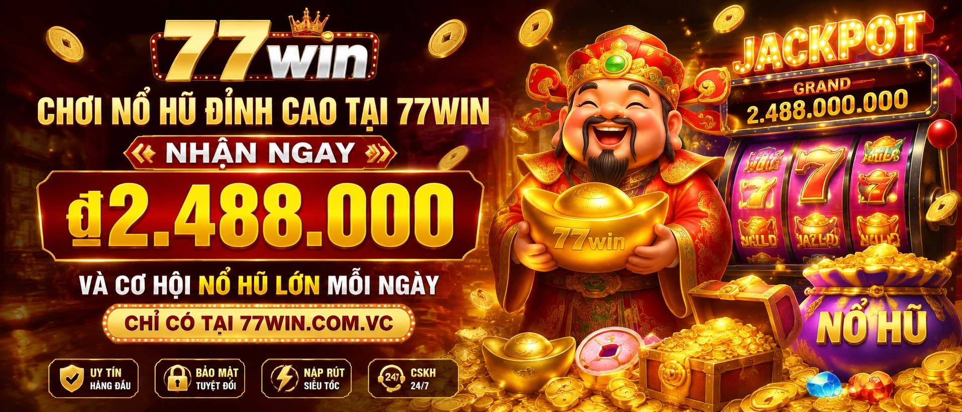 Giao diện nhóm Nổ Hũ và banner trò chơi tại 77Win